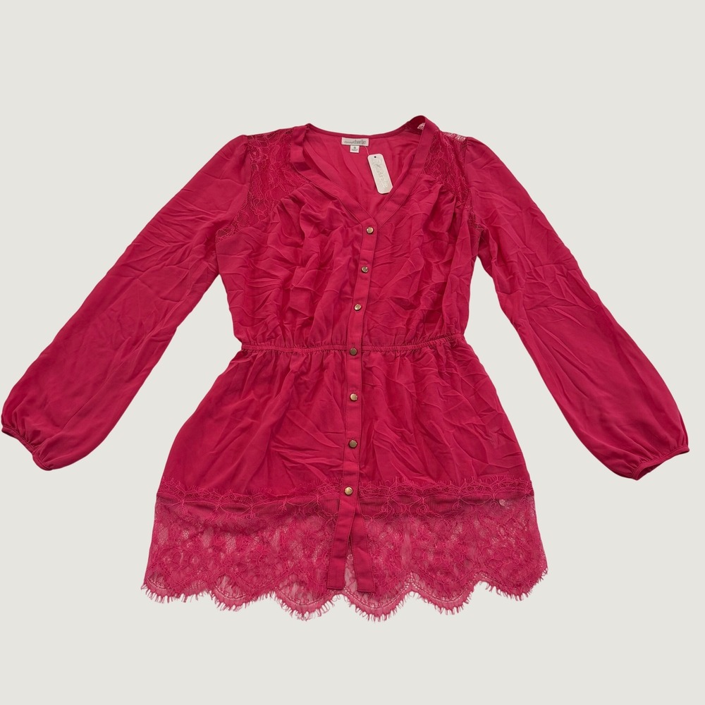 Charming Charlie Women's Small Hot Pink Lace Trim Button Front Tunic Blouse NWT